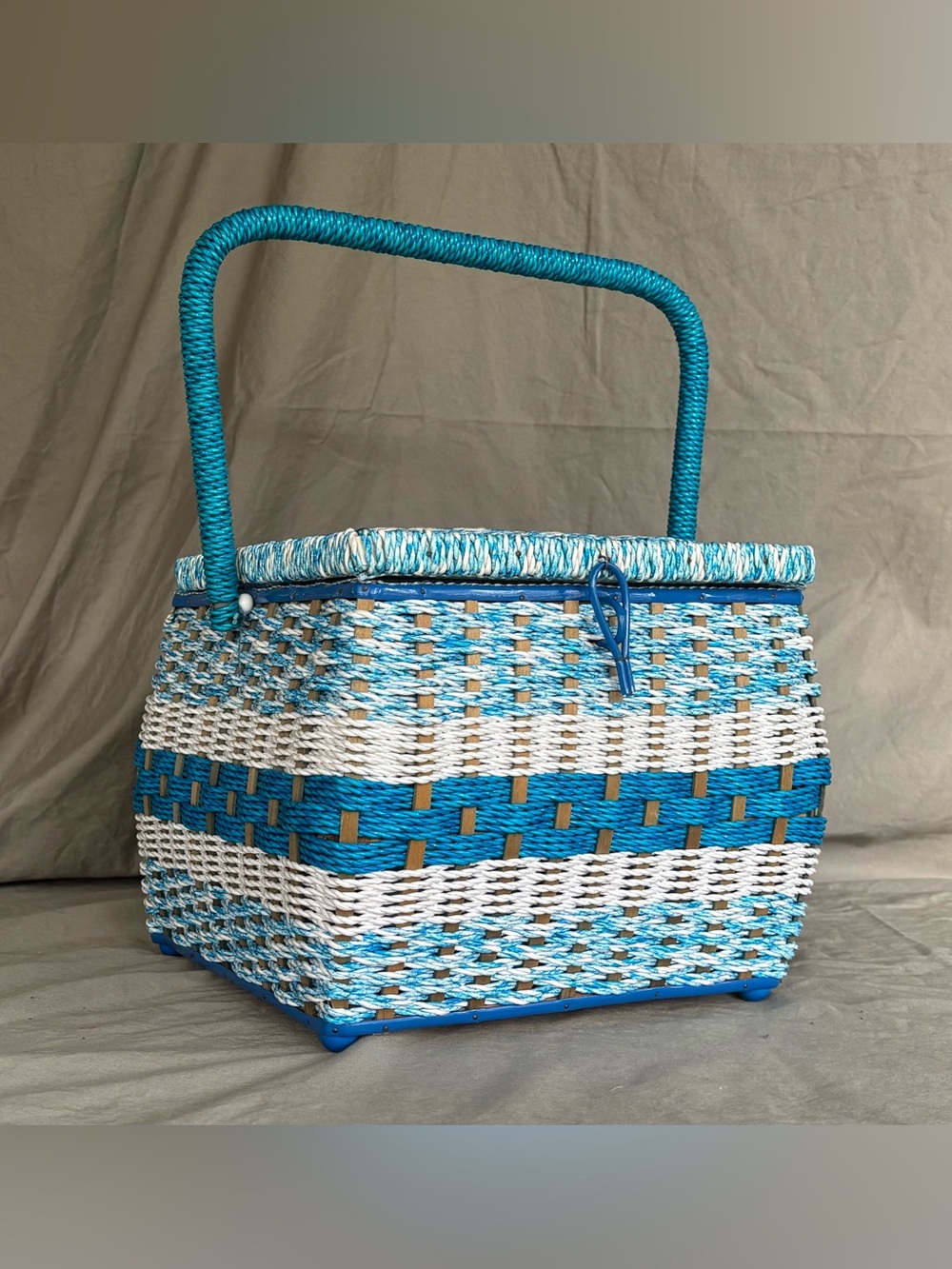 Vintage Woven Blue and White Sewing Basket
